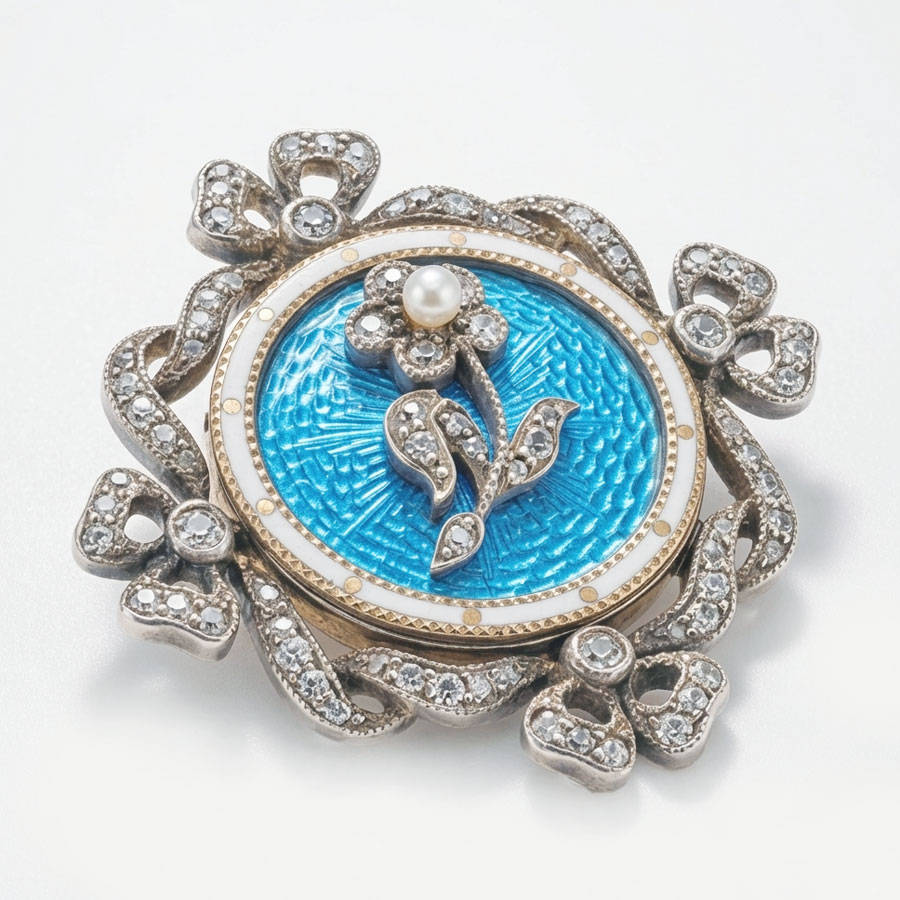9ct Gold Victorian Remembrance Brooch Turquoise Guilloche Enamel and Diamonds