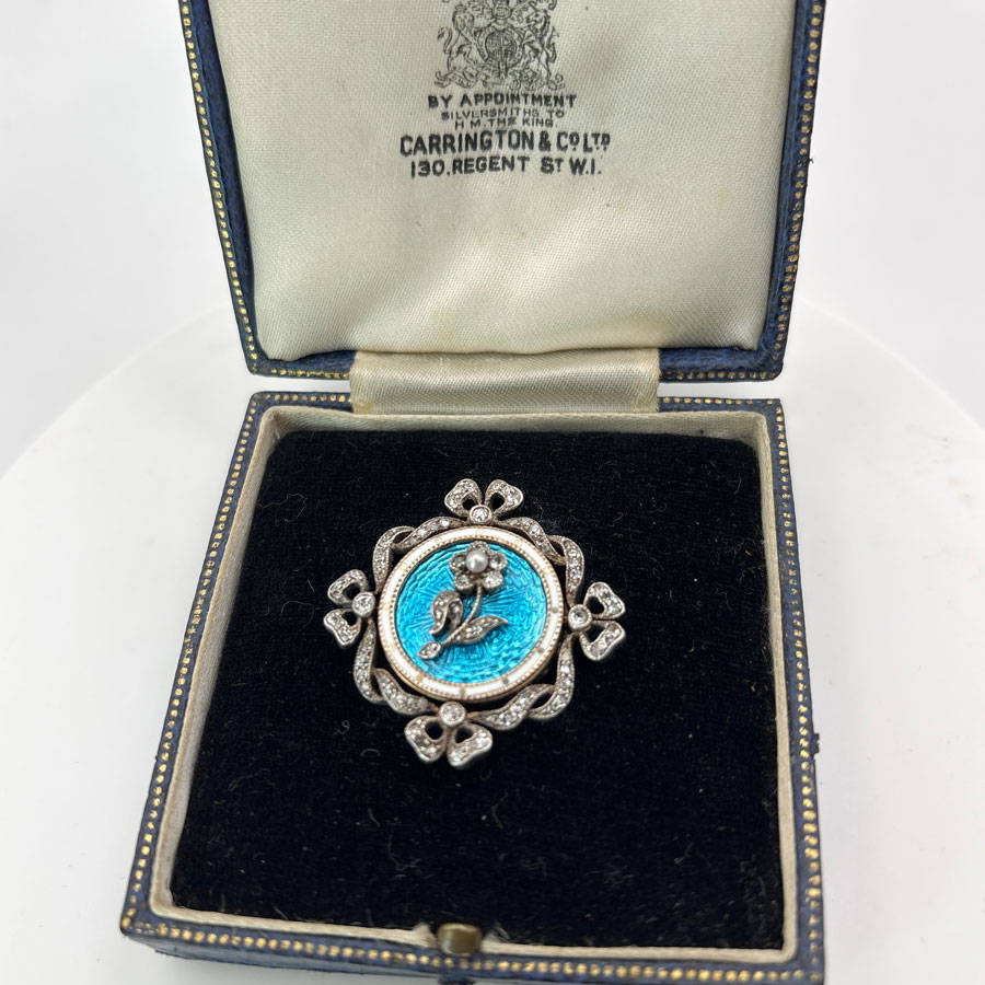 9ct Gold Victorian Remembrance Brooch Turquoise Guilloche Enamel and Diamonds