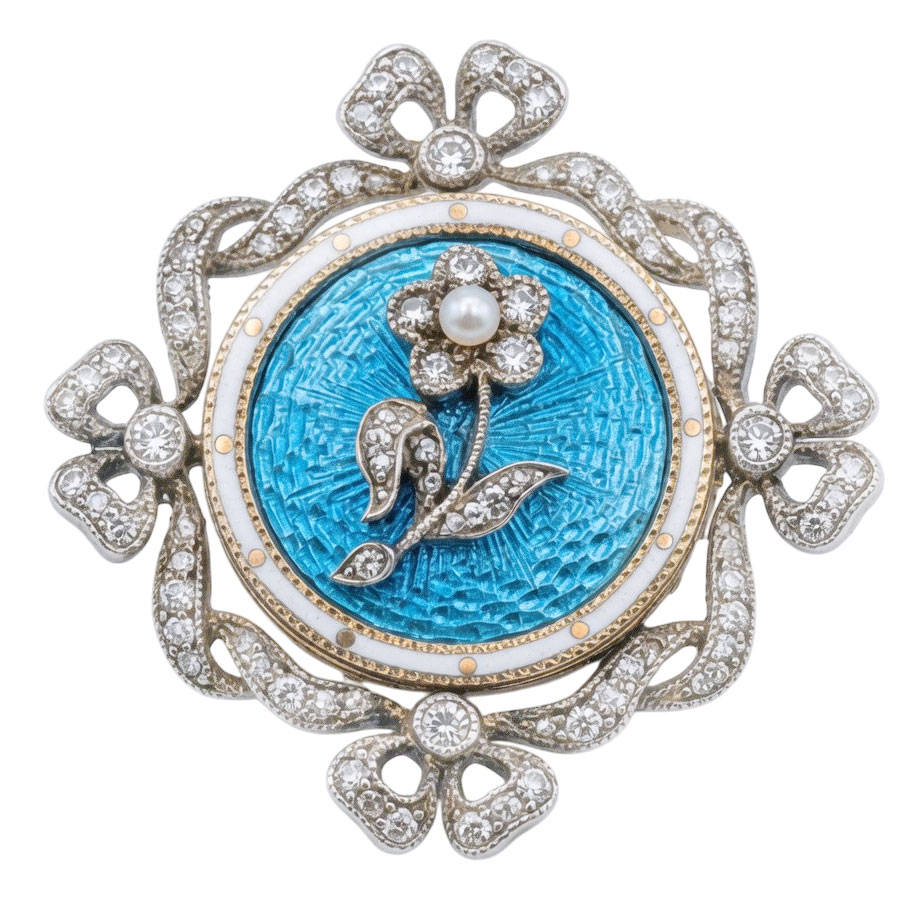 9ct Gold Victorian Remembrance Brooch Turquoise Guilloche Enamel and Diamonds