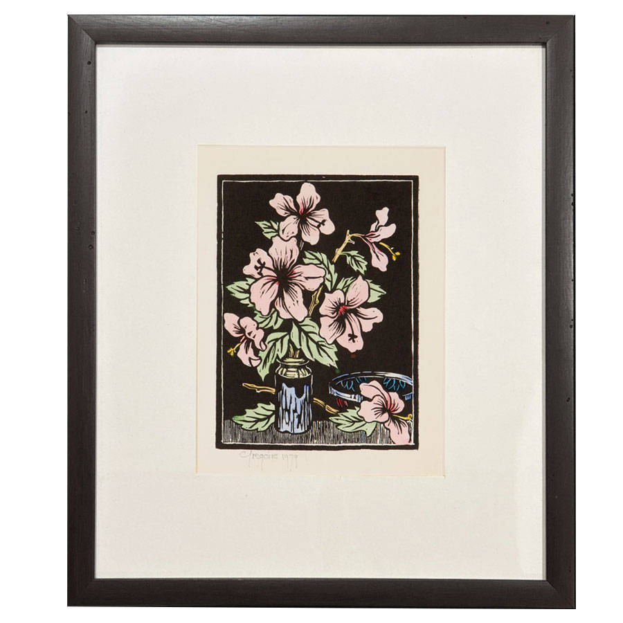 Gregoire Boonzaier Coloured Linocut Hibiscus (SA 1909 - 2005)