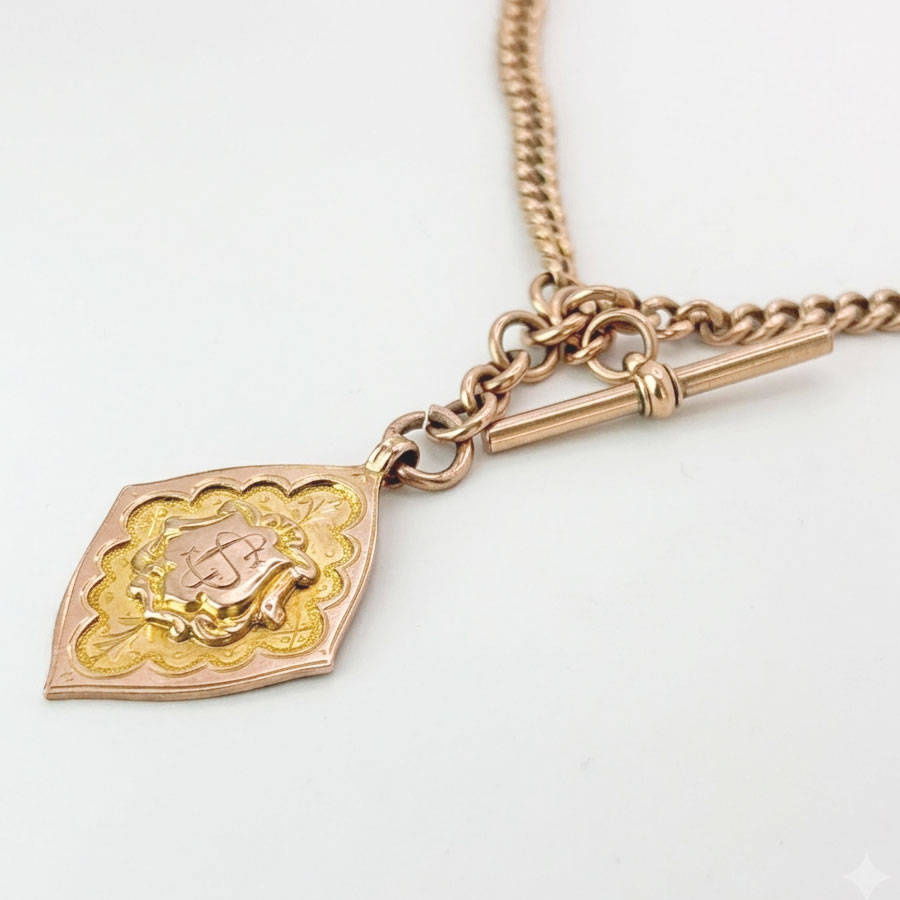 Victorian 9ct Rose Gold Fob Chain With TBar And Medallion