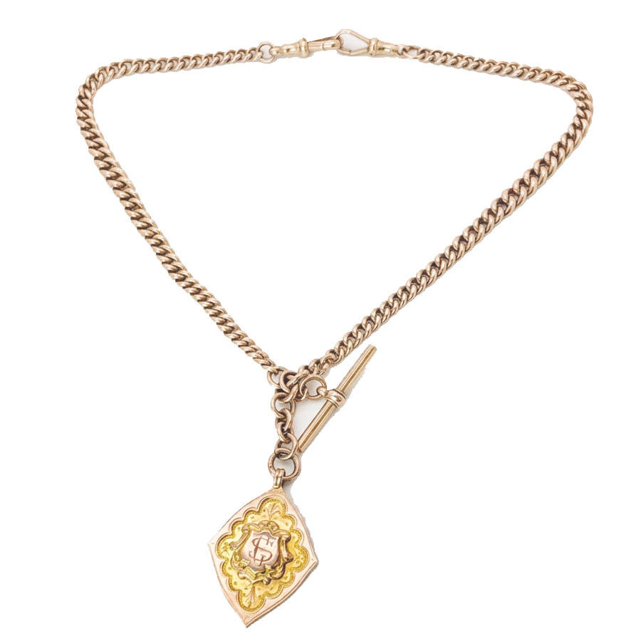 Victorian 9ct Rose Gold Fob Chain With TBar And Medallion