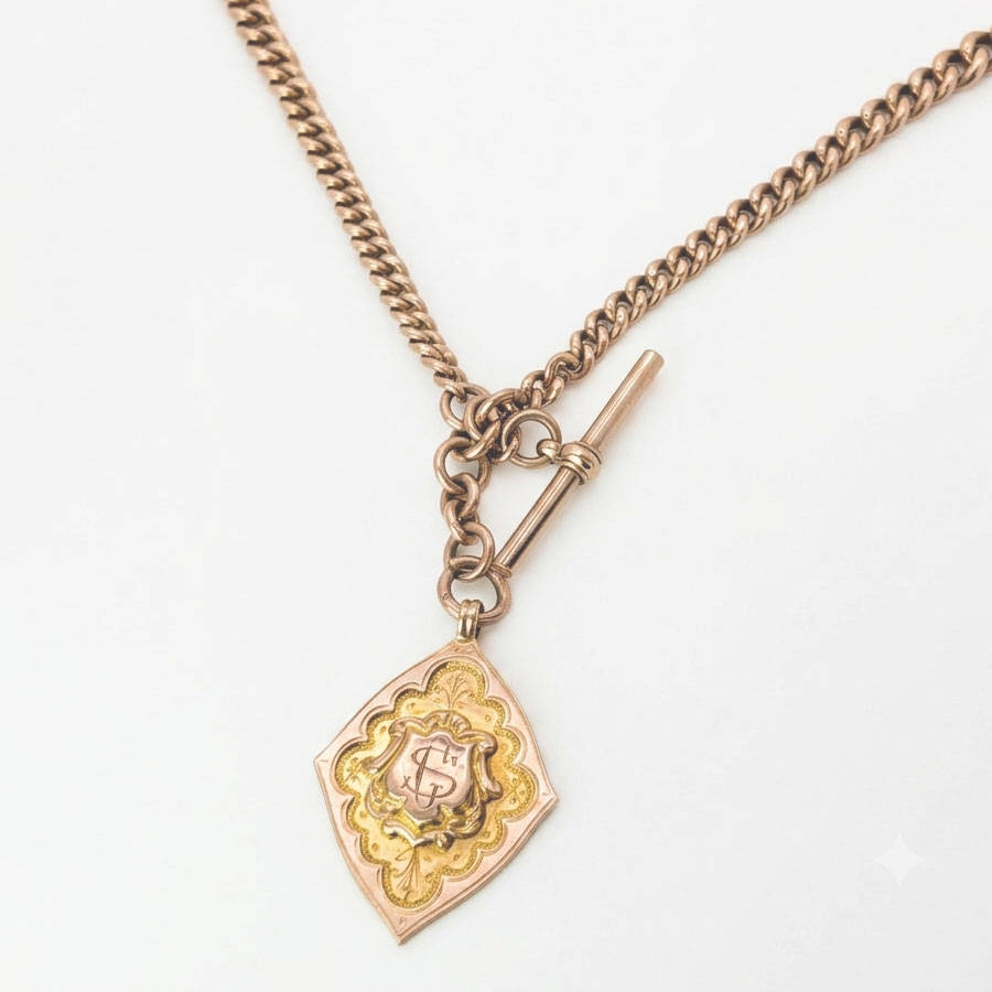 Victorian 9ct Rose Gold Fob Chain With TBar And Medallion