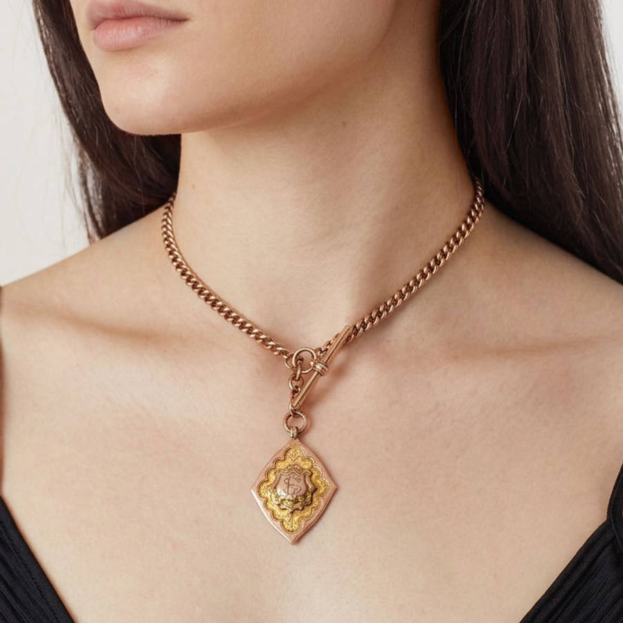 Victorian 9ct Rose Gold Fob Chain With TBar And Medallion