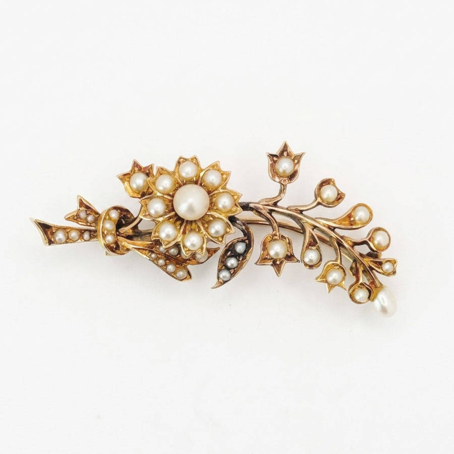 14k Gold Floral Seed Pearl Brooch