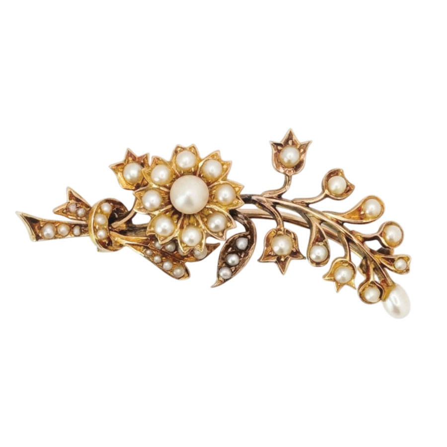 14k Gold Floral Seed Pearl Brooch