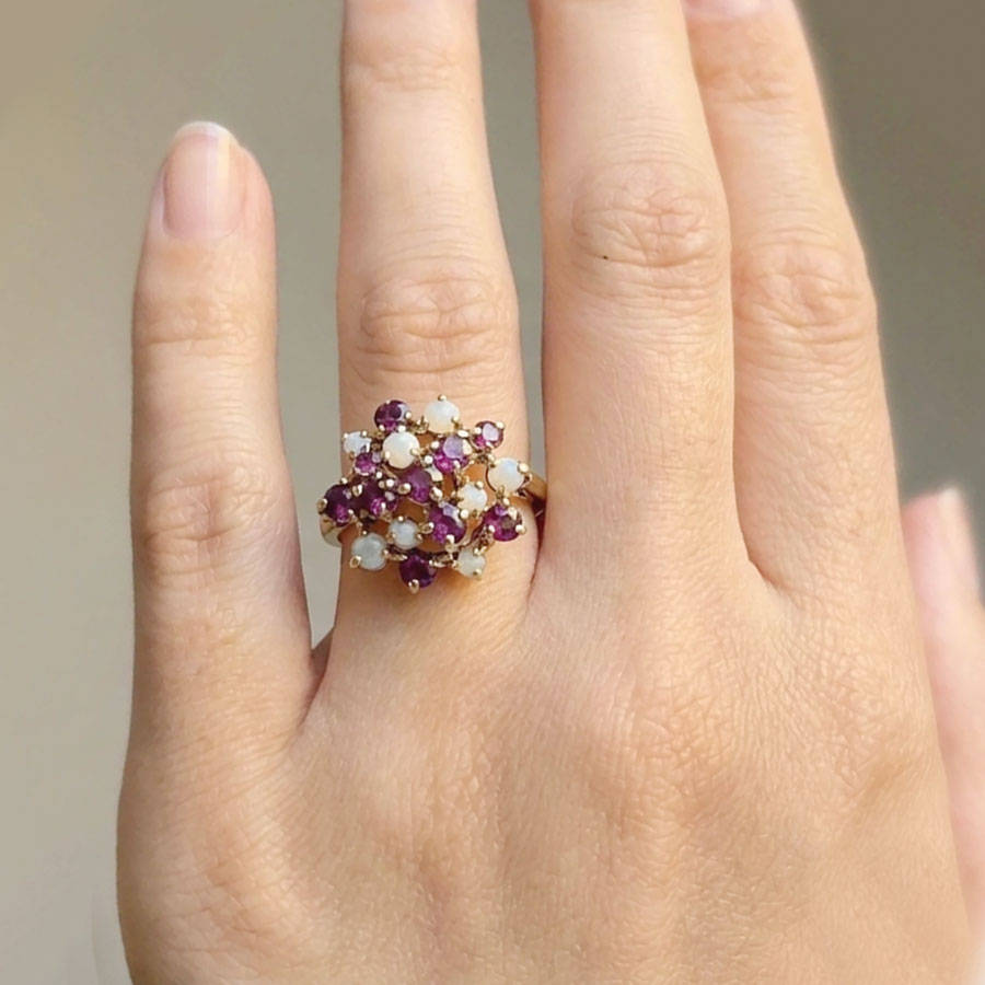 9ct Gold Ruby and Opal Cluster Ring