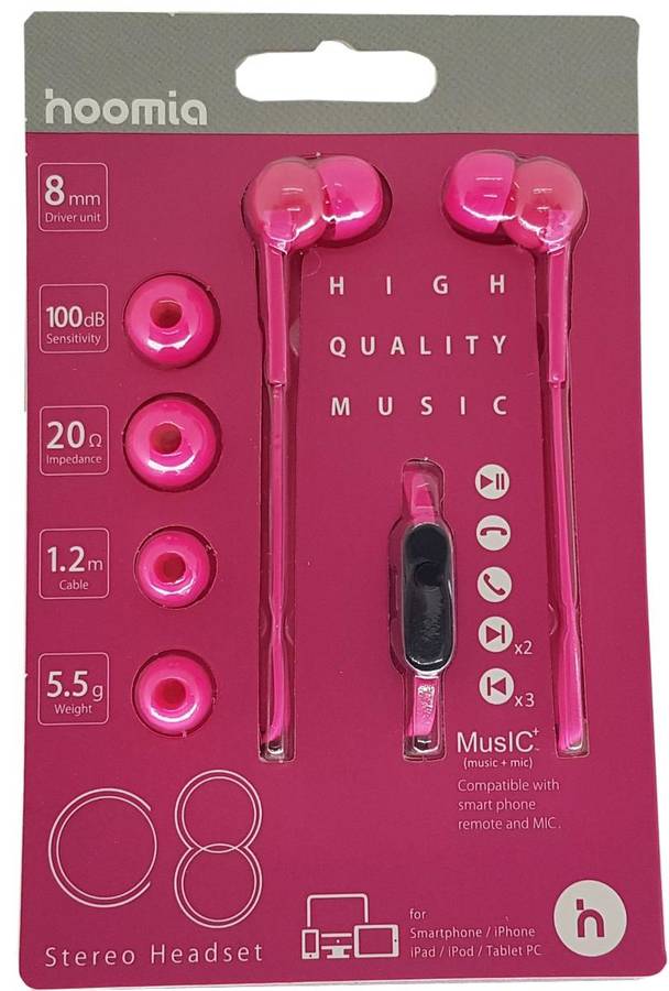 STEREO EARPHONE + MIC HOT PINK 1.2M