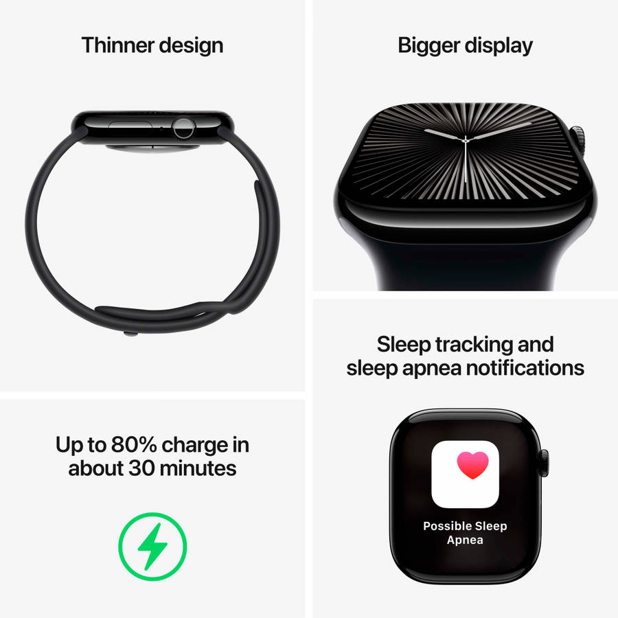 Apple Watch Series 10 GPS + Cellular 46mm Jet Black Aluminium Case with Black Sport Band - S/M,Mo...