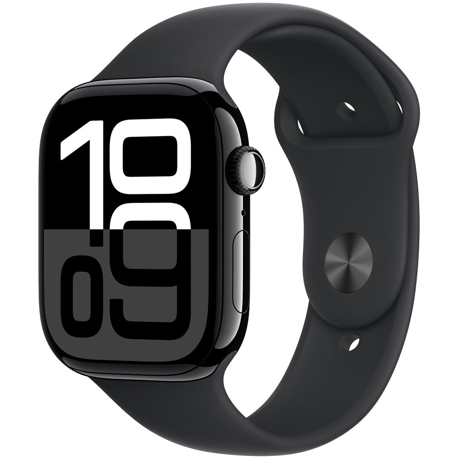 Apple Watch Series 10 GPS + Cellular 46mm Jet Black Aluminium Case with Black Sport Band - S/M,Mo...