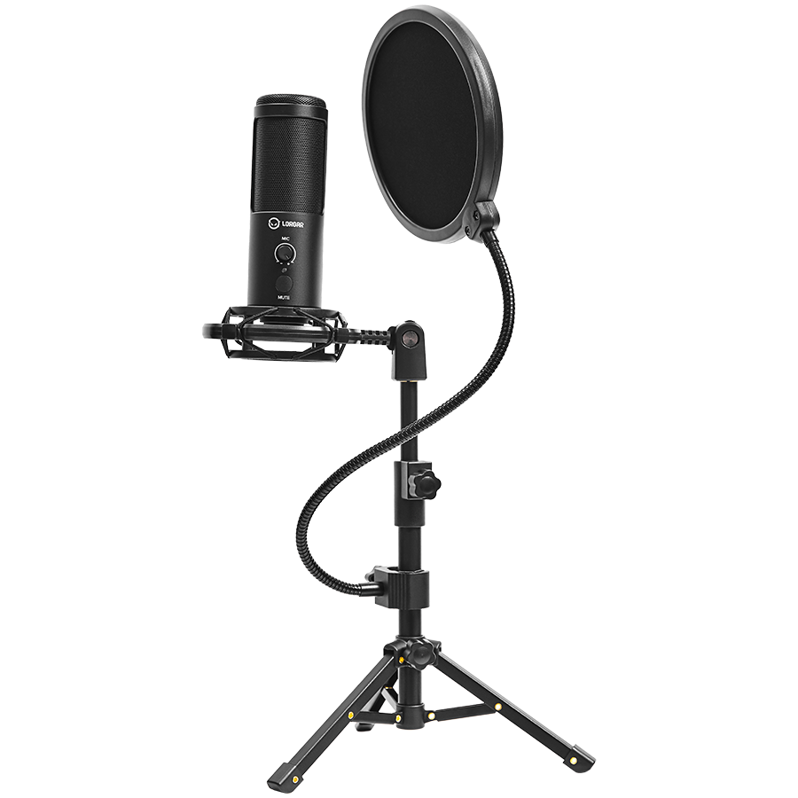LORGAR Voicer 721, Gaming Microphone, Black, USB condenser microphone with tripod stand, pop filt...