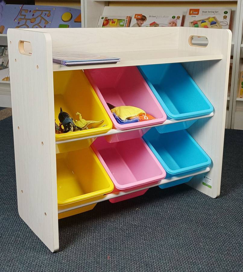 6 Bin Storage Organiser with Top Shelf and Wooden Frame