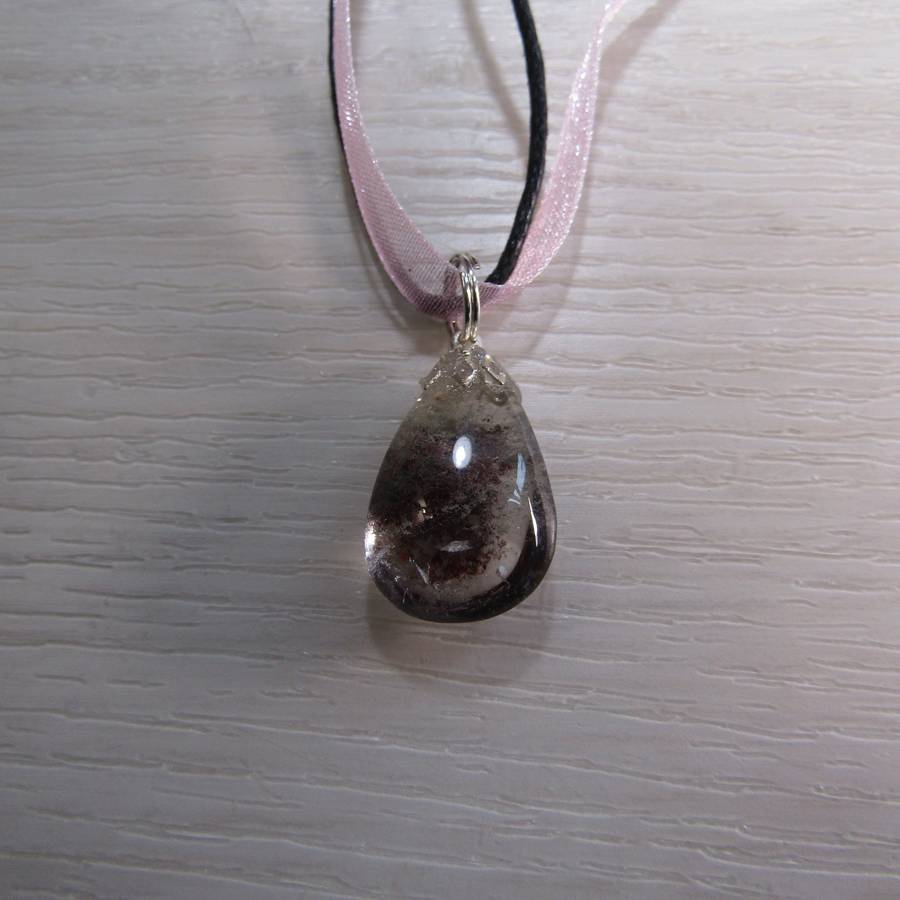Chlorite Quartz Crystal teardrop Pendant on Ribbon necklace