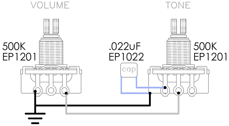 500K Volume Pot, 500K Tone Pot, .022 uF Capacitor