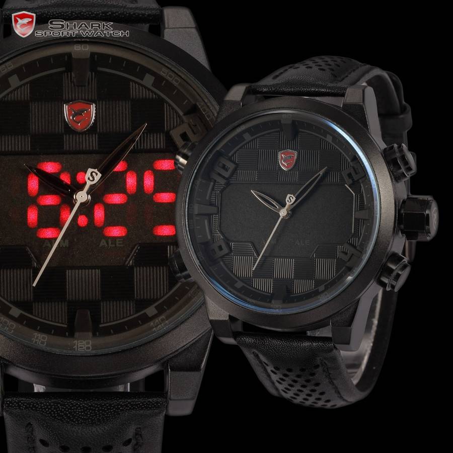 SHARK Digital Dual Movement Alarm Stainless Steel Case Leather Strap Sport Watch BRAND NEW