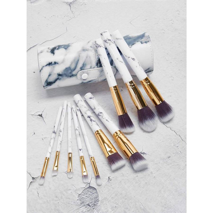 Glam Beauty - Make Up Kit With 10 Brushes In Cylinder Case - White Marble
