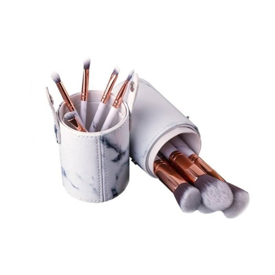Glam Beauty - Make Up Kit With 10 Brushes In Cylinder Case - White Marble