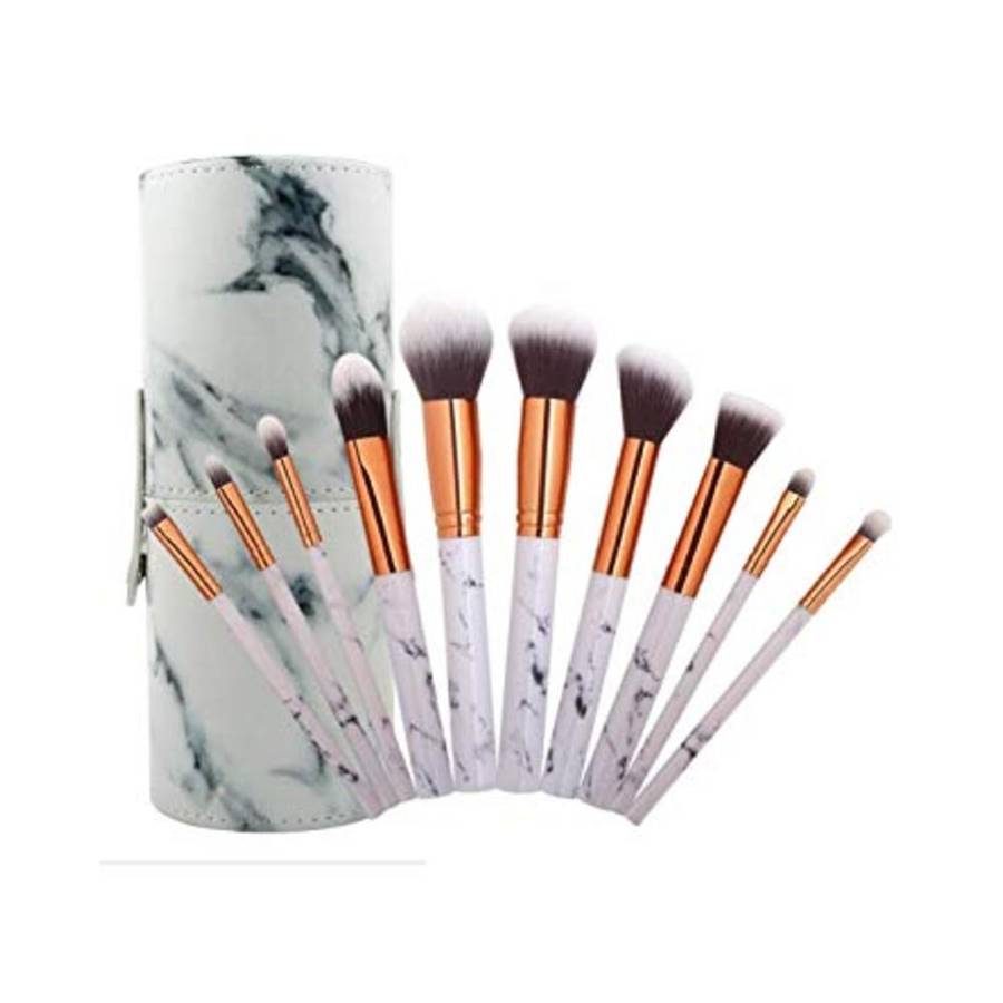 Glam Beauty - Make Up Kit With 10 Brushes In Cylinder Case - White Marble
