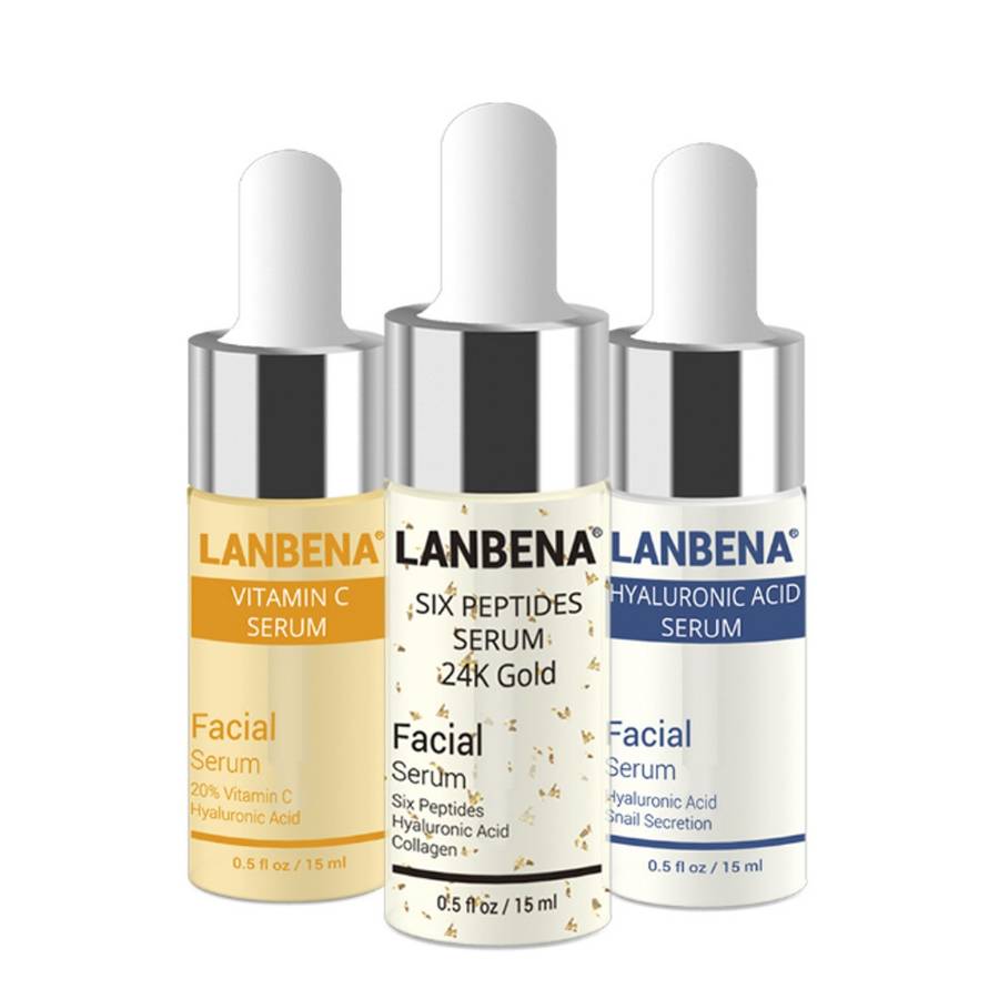 LANBENA 3pcs Hyaluronic Acid Serum Six Peptides Serum 24K Gold Anti-Aging Vitam