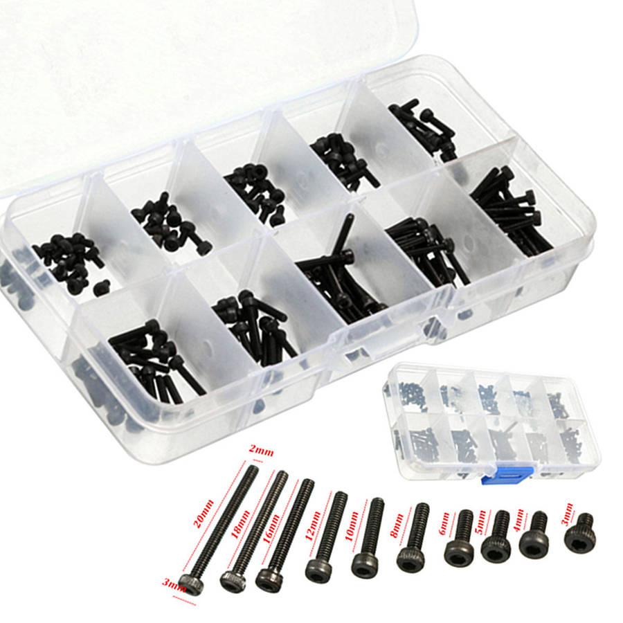 200pcs M2 Allen Bolt Hex Socket Round Cap Head Screw Assortment Kit Set Black