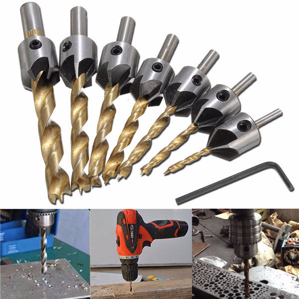 7pcs 3-10mm 5 Flute HSS Countersink Drill Bit Set Carpentry Reamer Woodworking