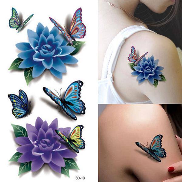 Colorful 3D Butterfly Flower Rose Tattoo Sticker Waterproof Temporary Decal DIY