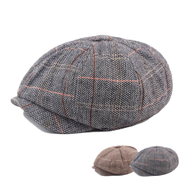 Mens Grid Octagonal Beret Hats Vintage Newsboy Painter Forward Caps