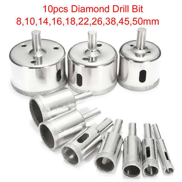 10pcs Diamond Hole Saw Set Tile Ceramic Glass Porcelain Marble 8mm-50mm Hole Sa