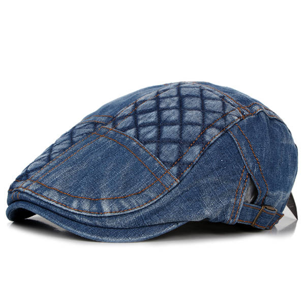 Mens Washed Denim Grid Beret Hat Casual Outdoor Visor Forward Hat Adjustable