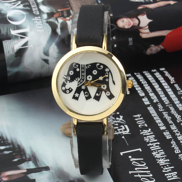 Vintage Elephant Printed Leather Band Quartz Watch