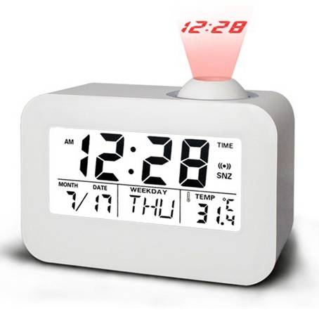 Loskii DX-008 White Talking Projection Clock Bedside LED Backlit Snooze Alarm C