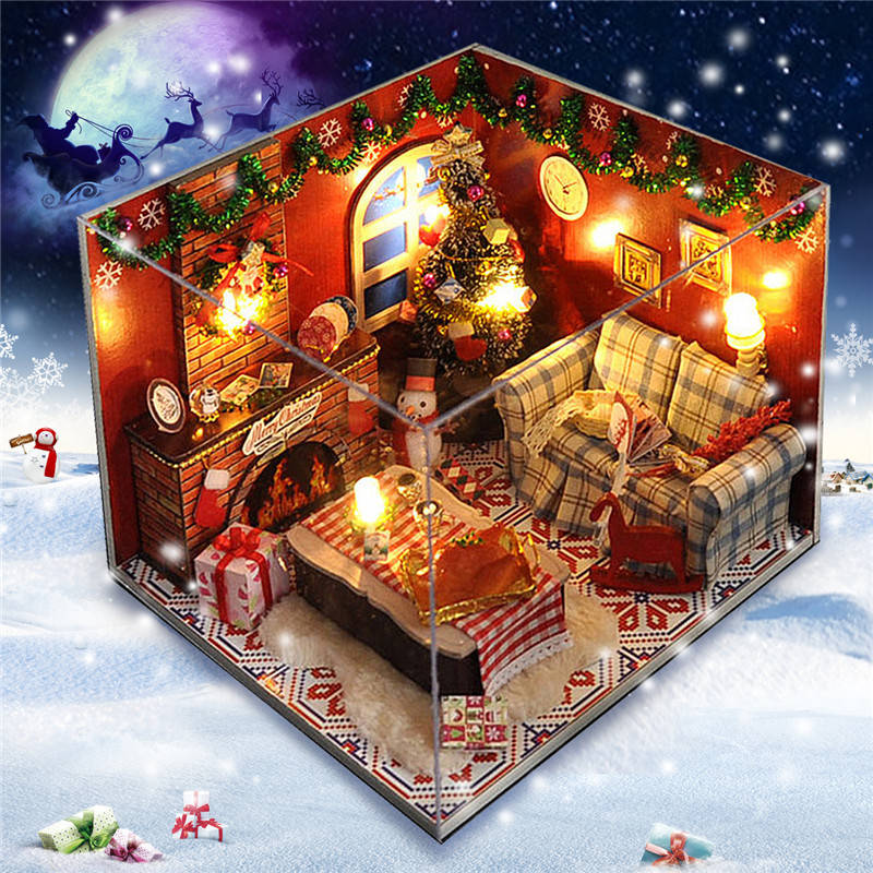 DIY Wooden Doll House Furniture Kits LED Light Miniature Christmas Room Puzzle