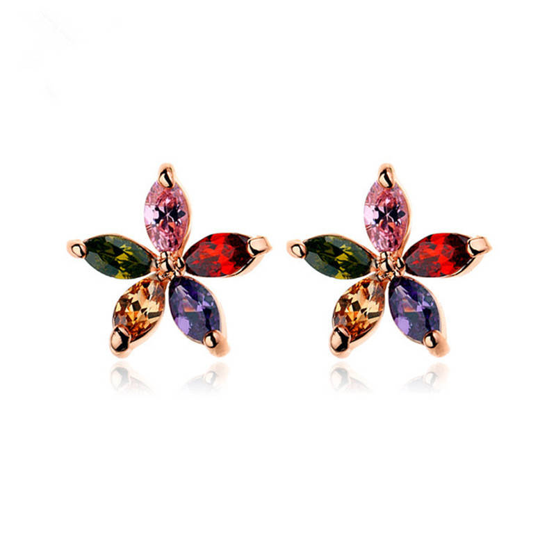 Luxury Rose Gold Earring Colorful Zirconia Flower Stud Earrings Classic Fine Je