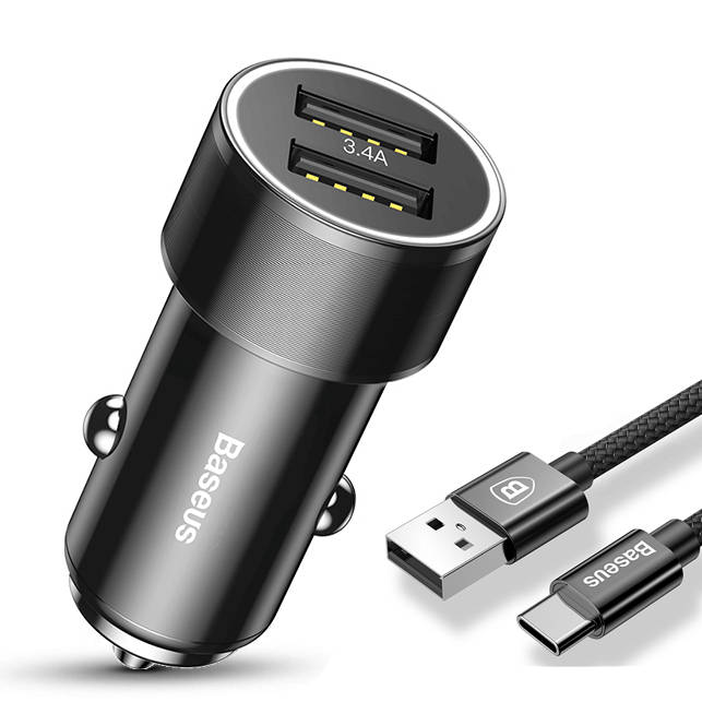 Baseus Small Screw 3.4A Dual USB Car Charger with Type-C Cable for Samsung S9 S