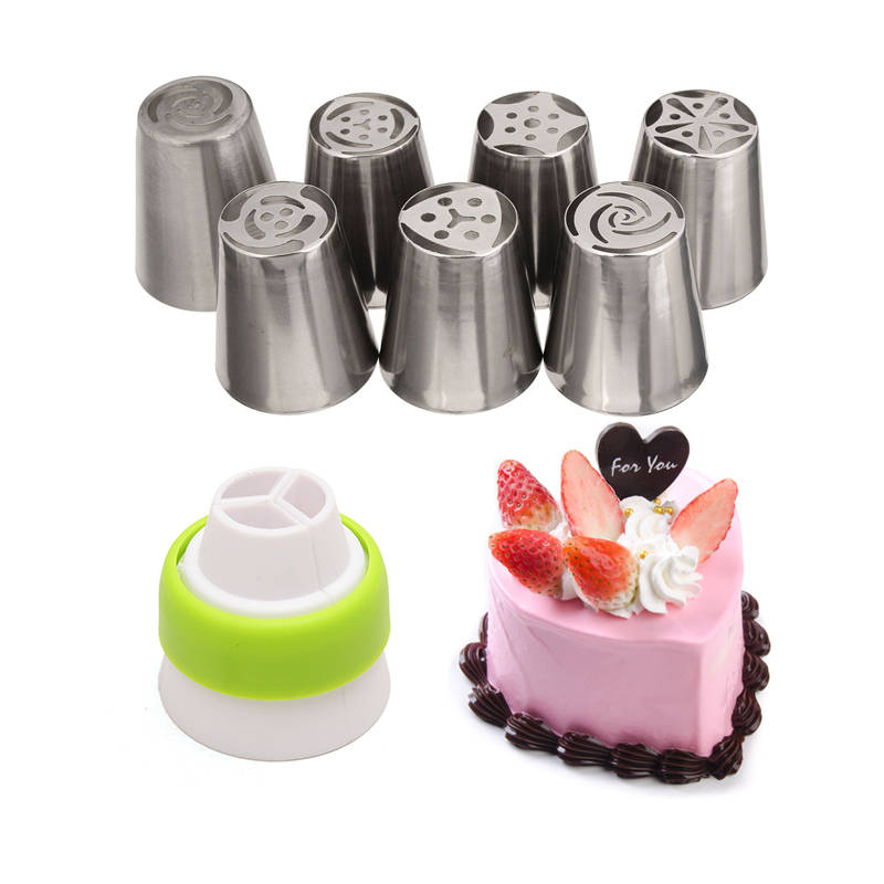 7PCS Stainless Steel Russian Tulip Icing Piping Nozzle with 1 Adaptor Converter