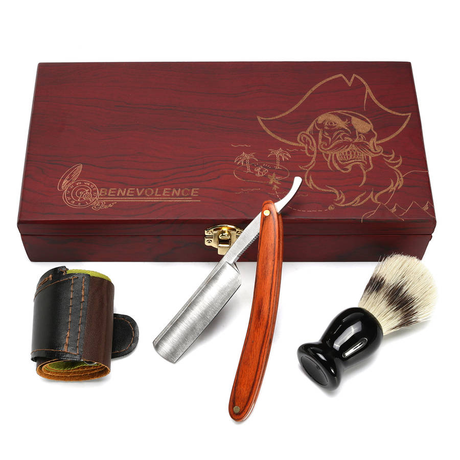 4Pcs Shaver Kit Cut Throat Straight Razor Shaving Brush Strop Wooden Box Gift S