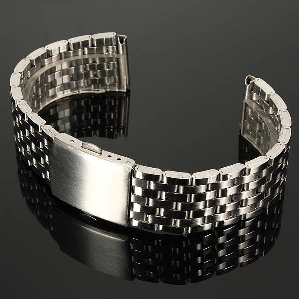 18/20/22mm Silver Stainless Steel 7 Bead Fold Buckle Watch Band