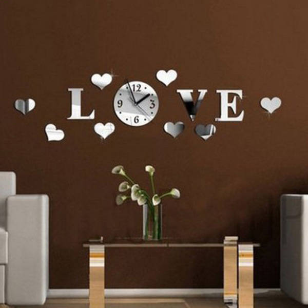 DIY 3D Home Modern Love Wall Clock Decor Mirror Living Room