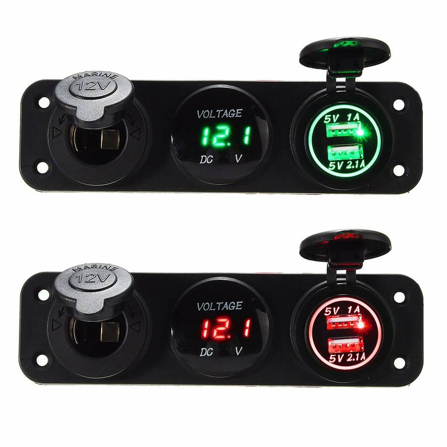 5V 3.1A LED Dual USB Charger Voltmeter 12V Socket 3 Hole Panel Marine Car Boat