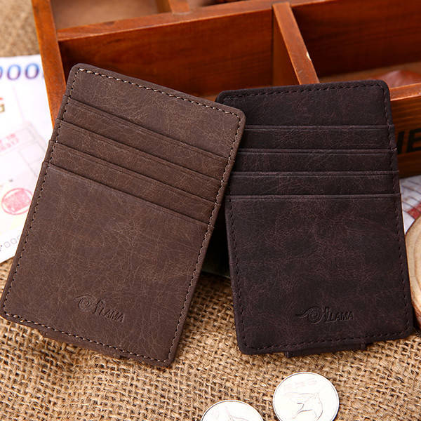 Men Magnet PU Small Money Clip Coffee Grey Short Card Holder
