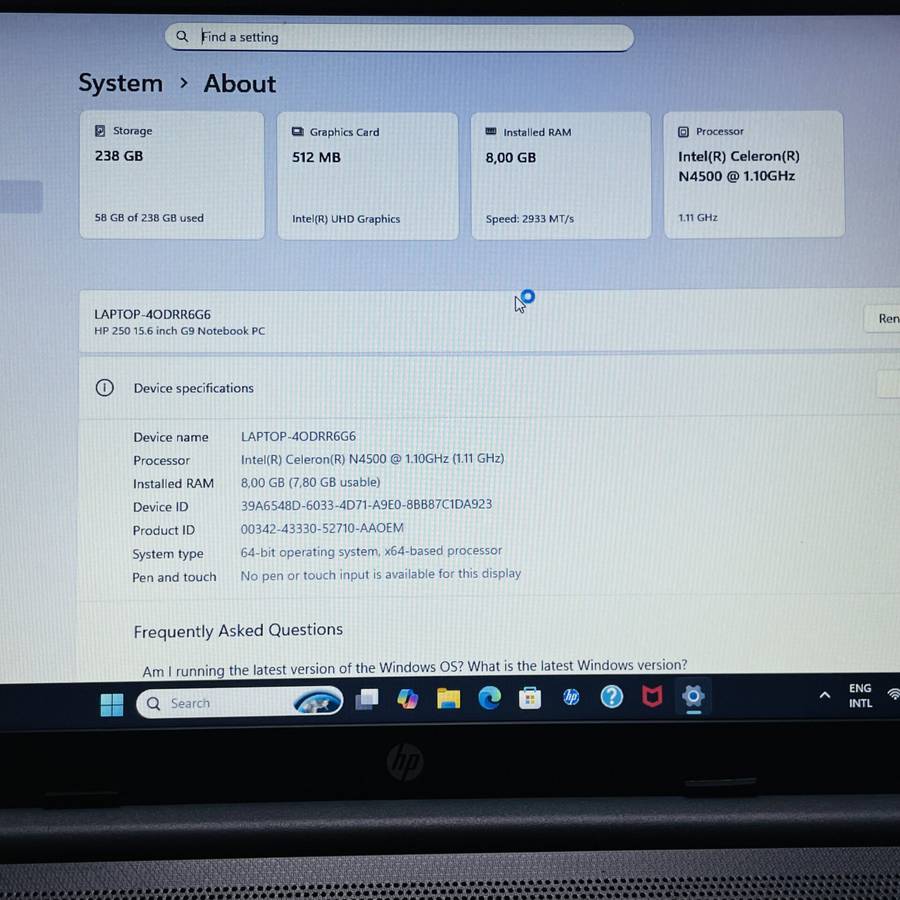 HP 250 G9 Celeron N4500 1.10GHz 8GB RAM 256GB SSD NVMe Grey