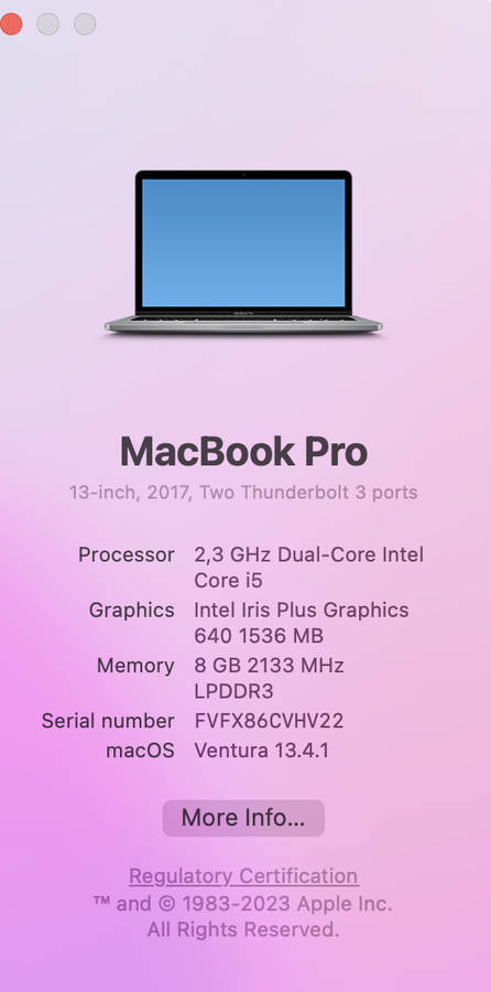 Apple Macbook Pro 13-inch Core i5" 2.3 GHz Mid-2017 (Two Thunderbolt 3 Ports) 8GB RAM 128GB SS...