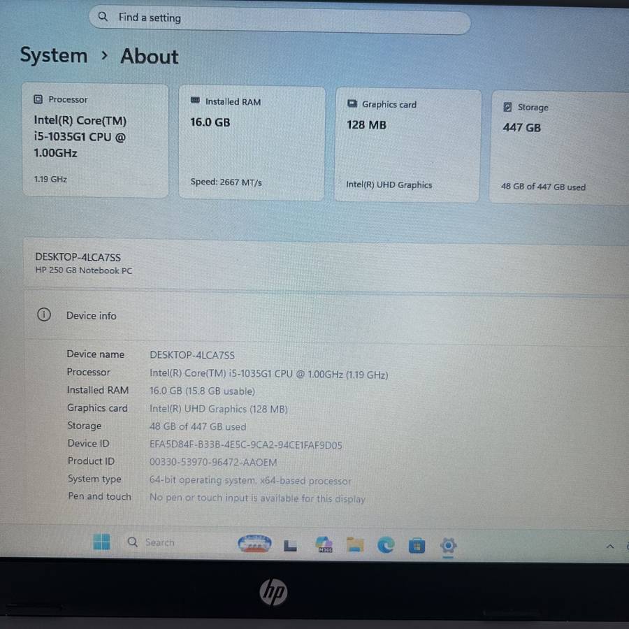 HP 250 G8 10th Gen Core i5 1.19GHz 16GB RAM 512GB SSD Asteroid Silver (Condition: Good)