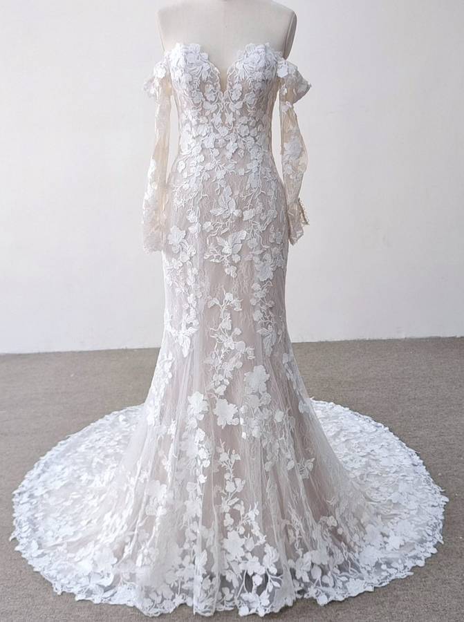 Melody, Boob-tube long sleeve lace detailed mermaid wedding dress.