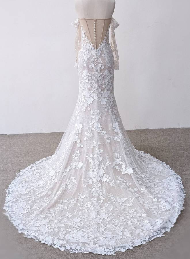 Melody, Boob-tube long sleeve lace detailed mermaid wedding dress.