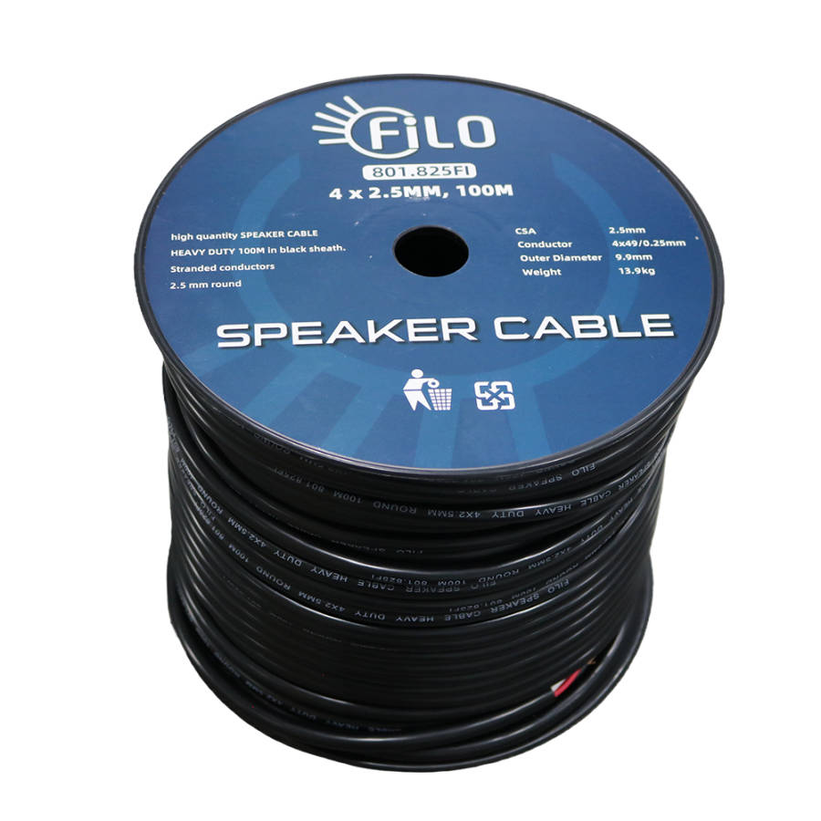 FILO RO2.5BX4 SPEAKER CABLE 2.5MM BLACK 4 CORE ROUND 100M