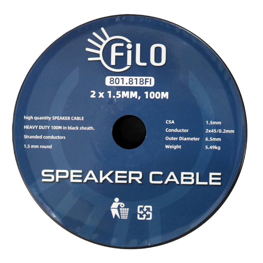 FILO RO1.5B SPEAKER CABLE 1.5MM BLACK ROUND 100M