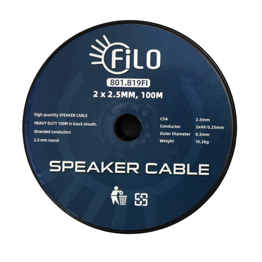 FILO RO2.5B SPEAKER CABLE 2.5MM BLACK ROUND 100M