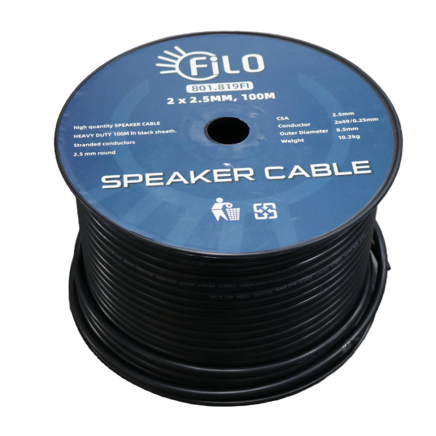 FILO RO2.5B SPEAKER CABLE 2.5MM BLACK ROUND 100M