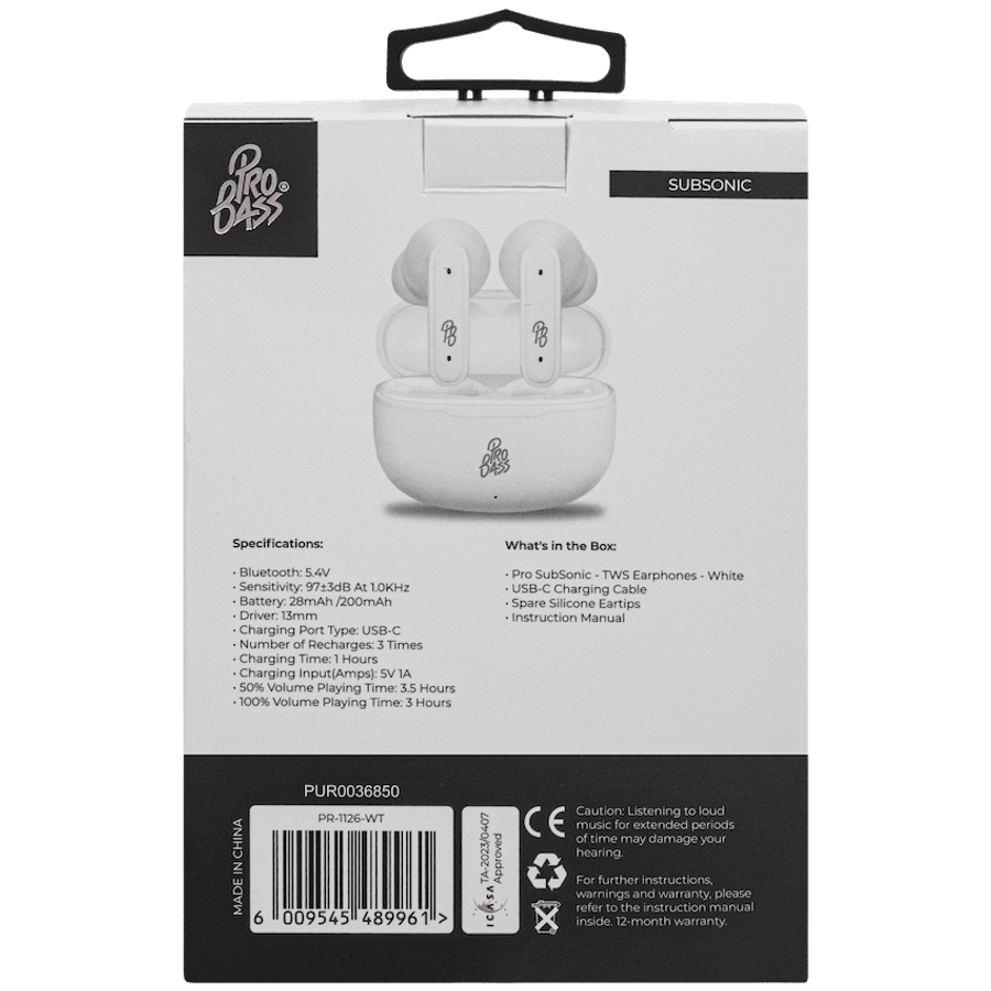 Pro Bass SubSonic TWS Earphone - White